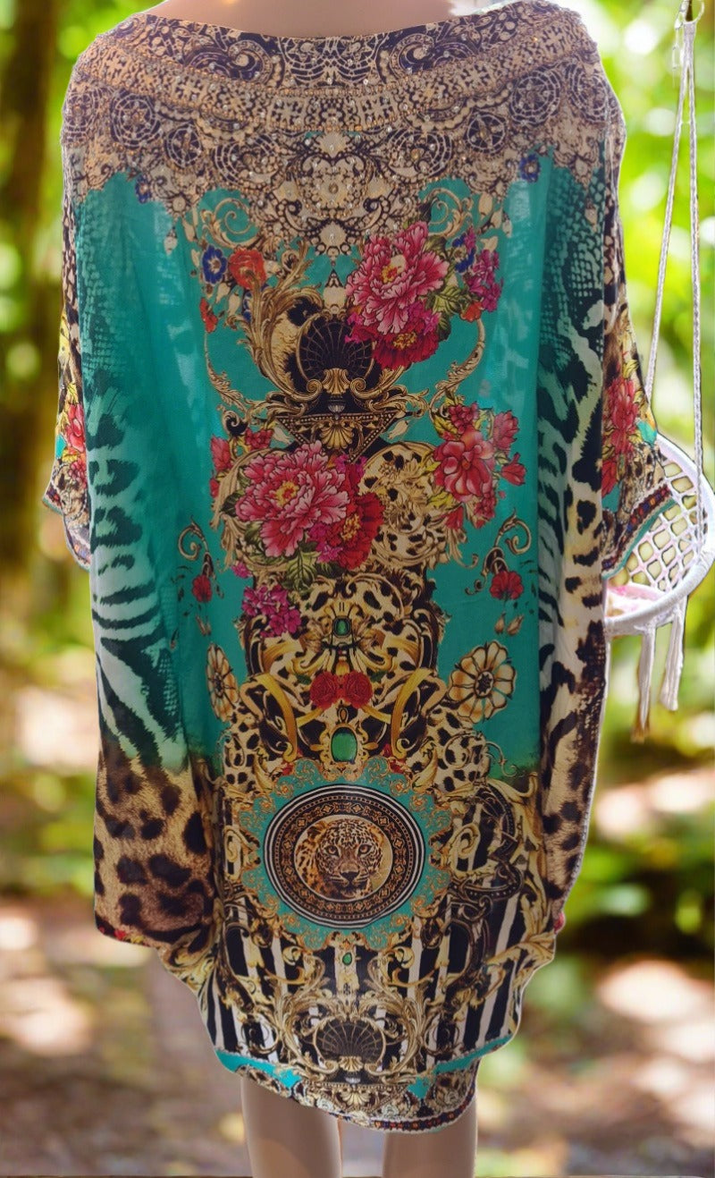 Garden Delight Aqua Batwing Silk Embellished Hi-low Kaftan/Top by Fashion Spectrum