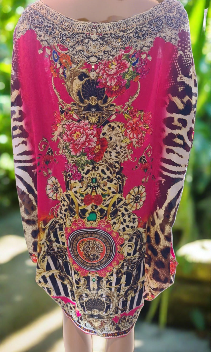 Garden Delight red Batwing Silk Embellished Hi-low Kaftan/Top by Fashion Spectrum