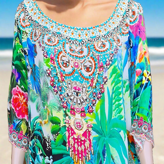 Paradise Resort Batwing Silk Embellished Hi-low Kaftan/Top by Fashion Spectrum