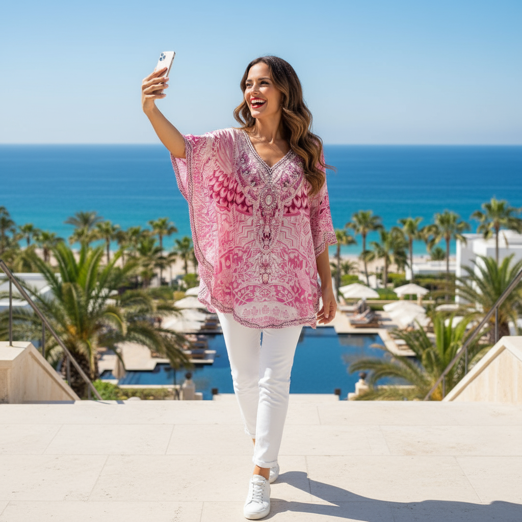 Silk Embellished Butterfly Top Flamingo