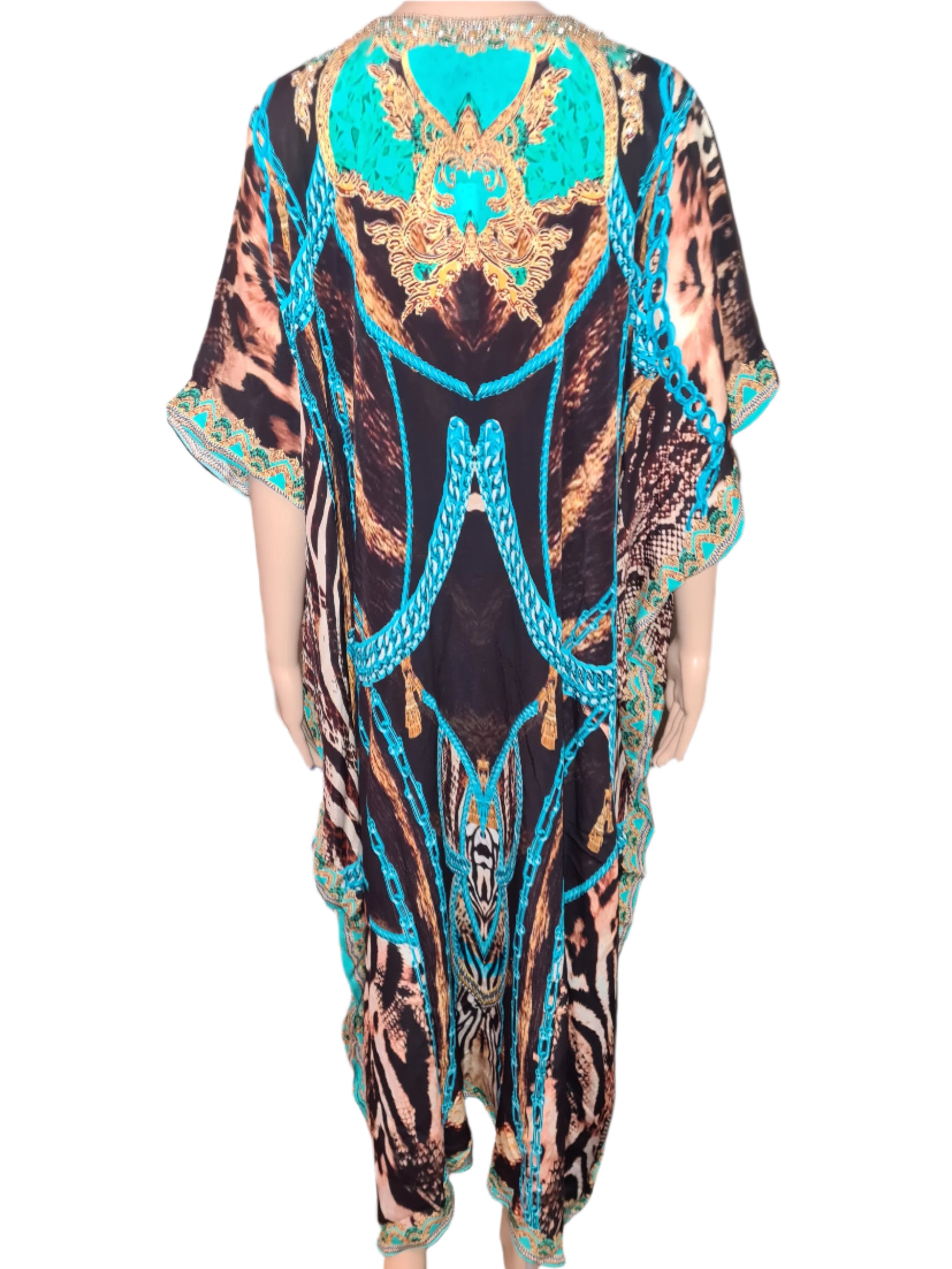 Long Silk Embellished Box Kaftan Aqua Leopard