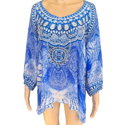 Blue silk embellished gypsy top with handsewn beadwork and V-neck A-line design