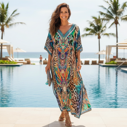 Long Embellished Silk Kaftan - Peacock at Kaftans that Bling