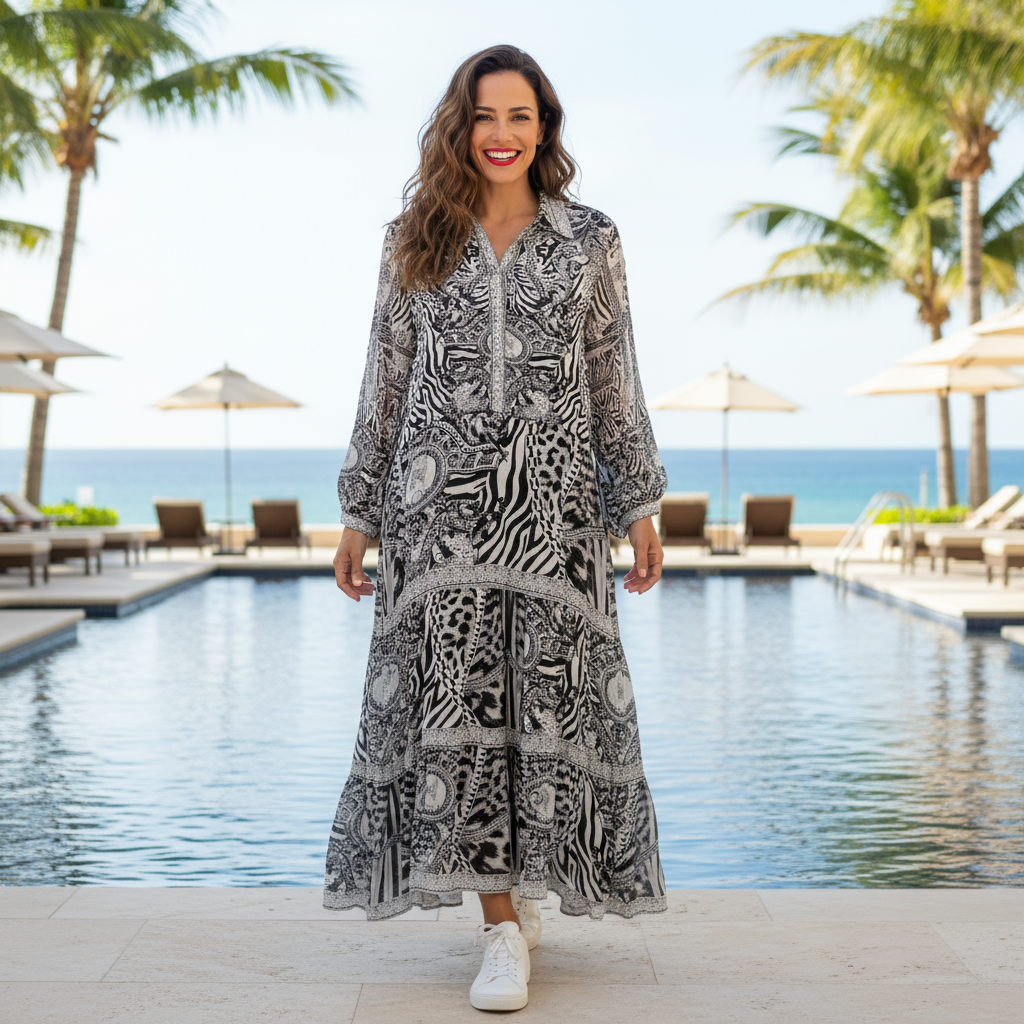 Silk Shirt Frill Maxi Dress - Embellished Frill Tiger Black