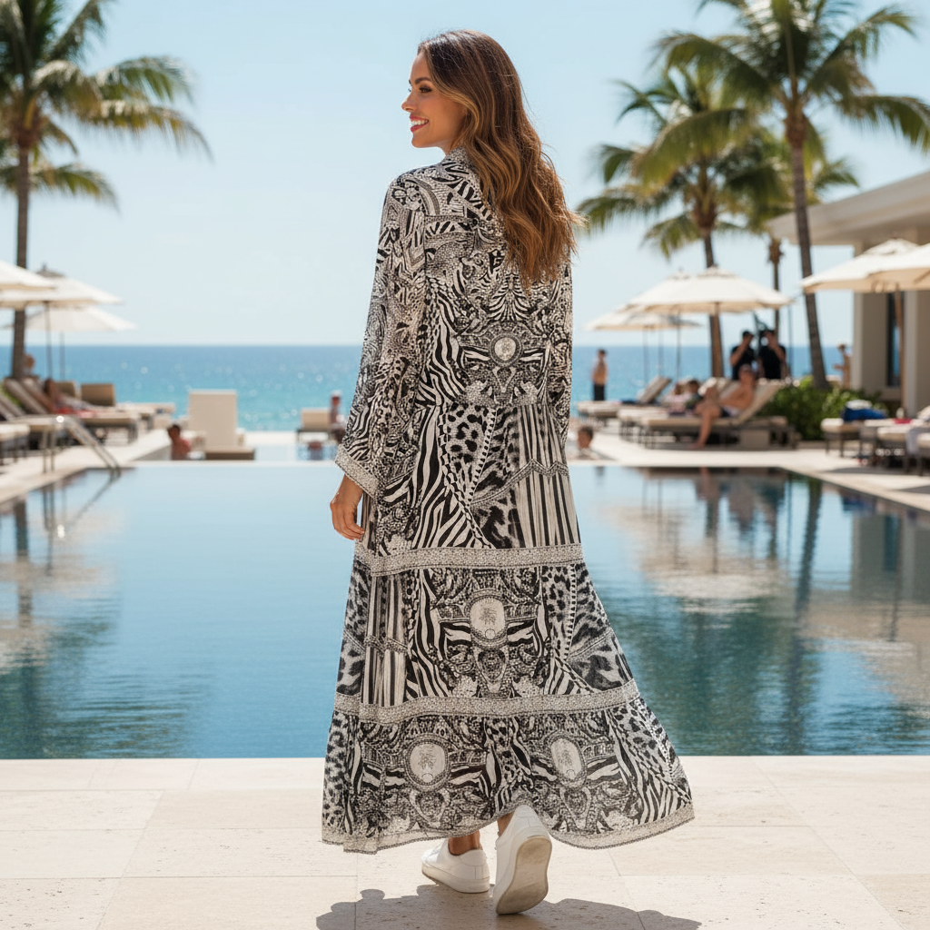 Silk Shirt Frill Maxi Dress - Embellished Frill Tiger Black