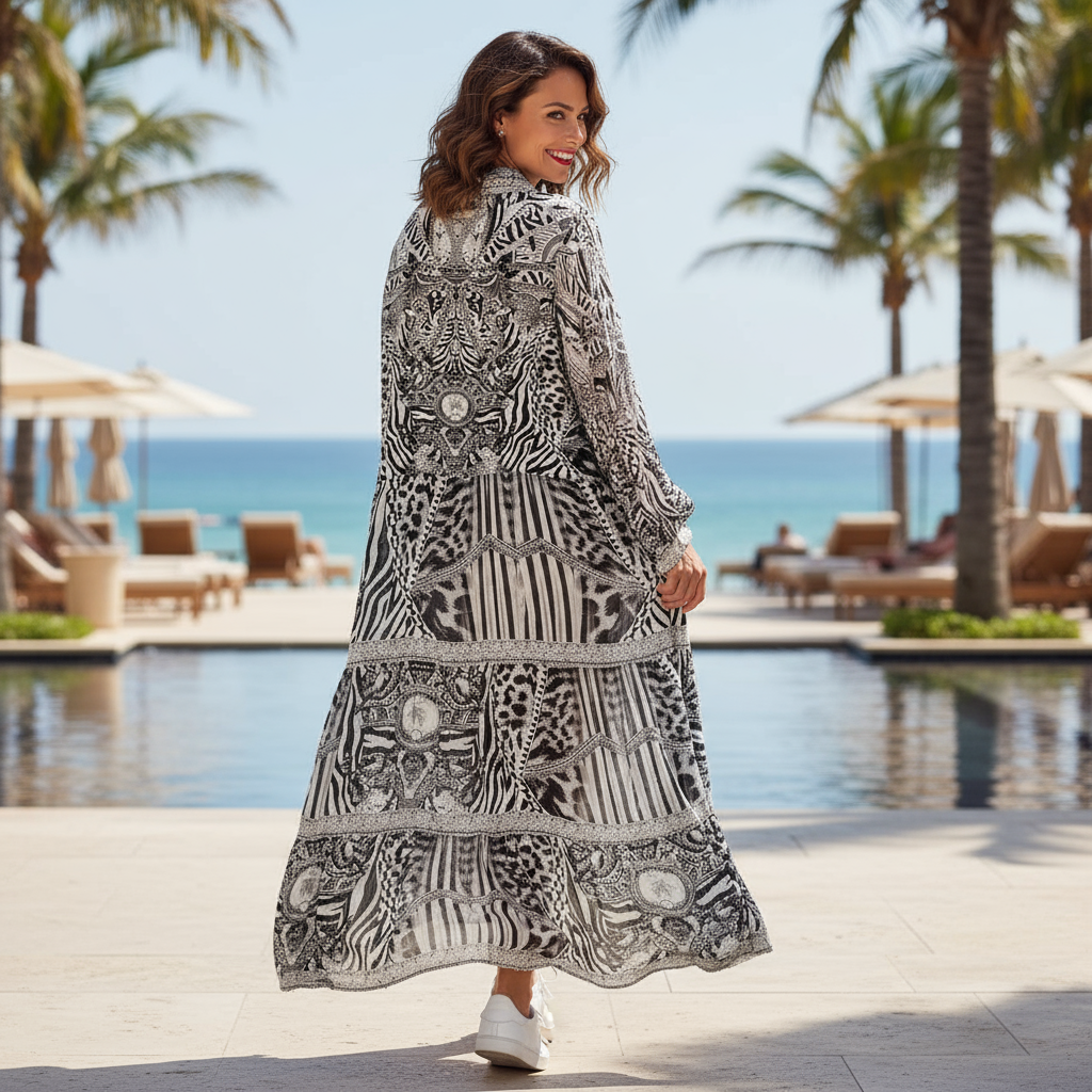 Silk Shirt Frill Maxi Dress - Embellished Frill Tiger Black