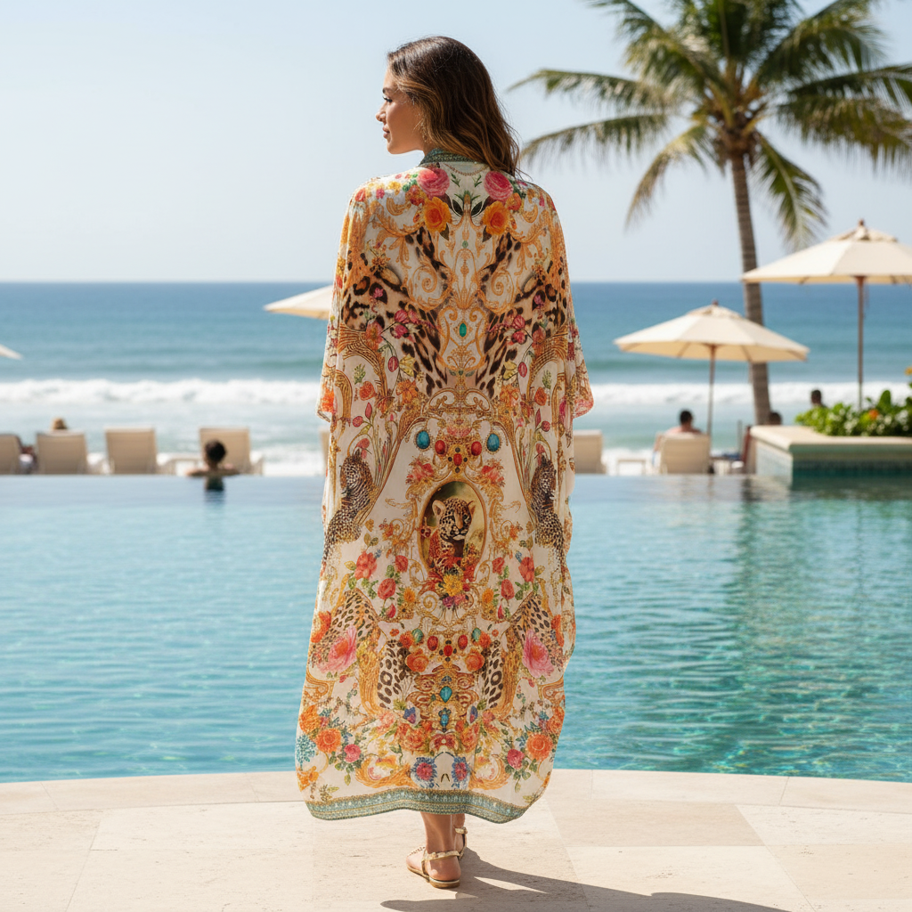 long Embellished Cape Bardini Coral at Kaftans that Bling