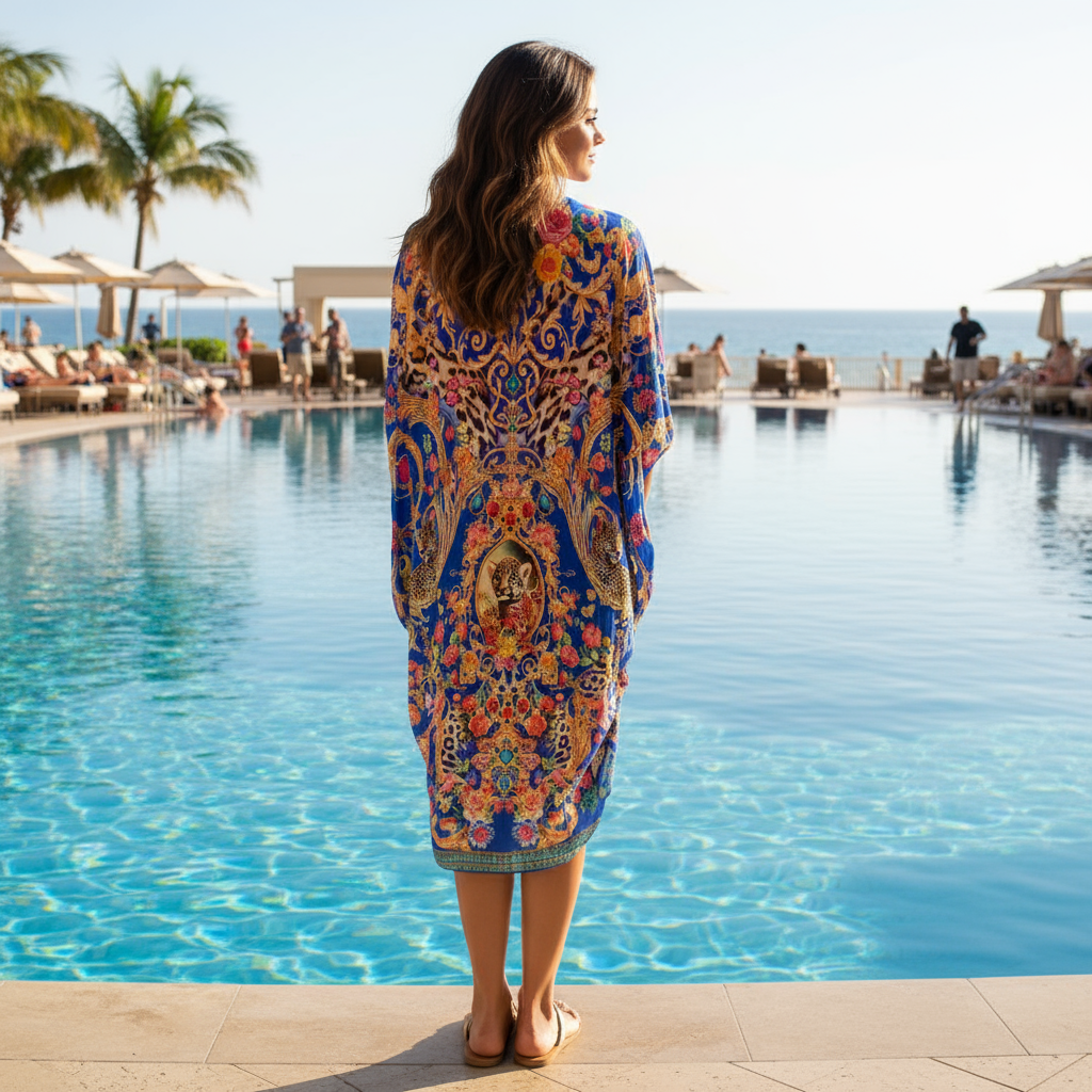 long Embellished Cape Bardini Blue at Kaftans that Bling 