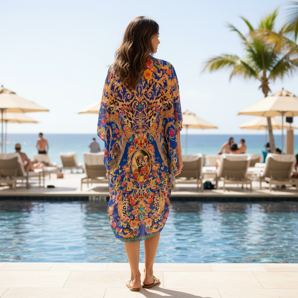 long Embellished Cape Bardini Blue at Kaftans that Bling 