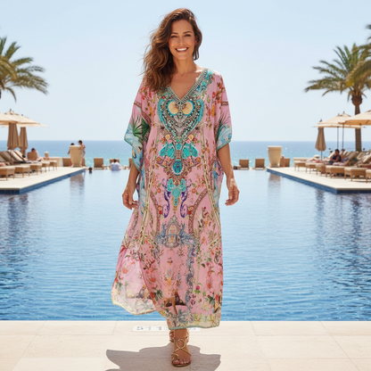 Long Embellished Silk Box Kaftan - Enchanted