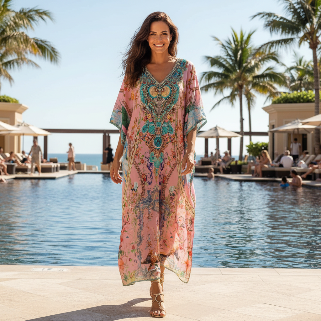 Long Embellished Silk Box Kaftan - Enchanted