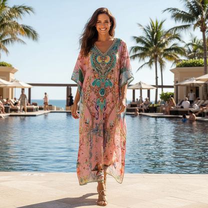Long Embellished Silk Box Kaftan - Enchanted
