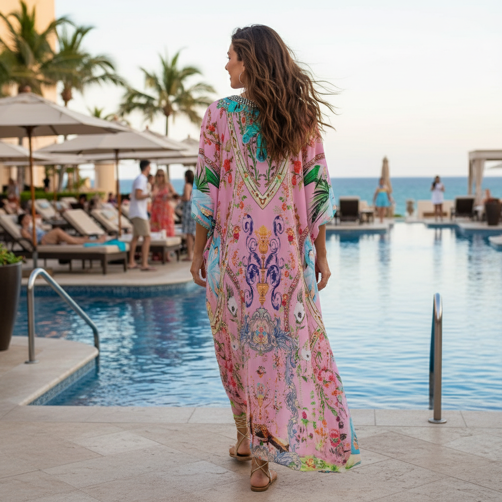 Long Embellished Silk Box Kaftan - Enchanted