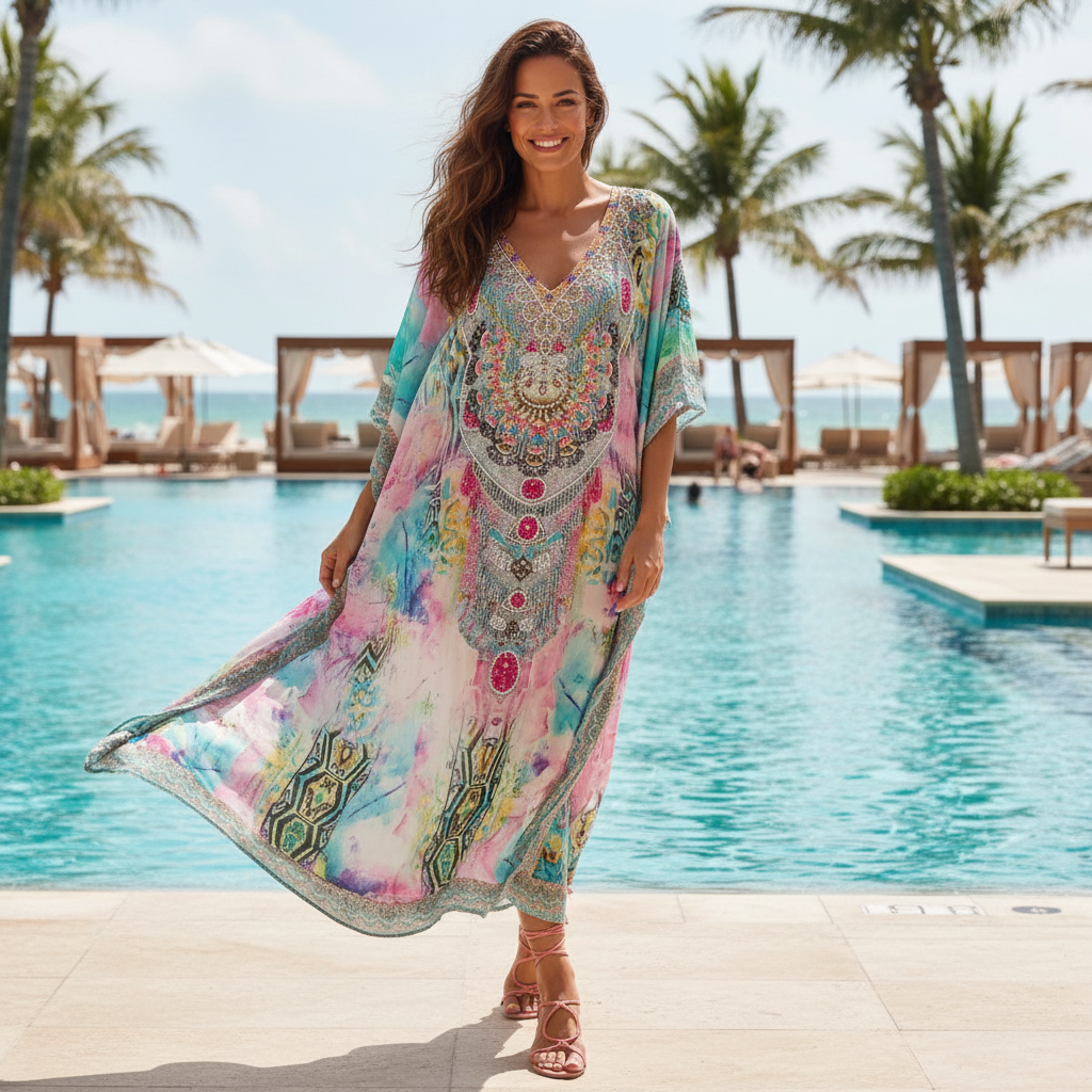 Long Embellished Silk Kaftan - Marrakesh