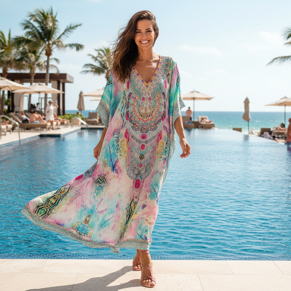 Long Embellished Silk Kaftan - Marrakesh