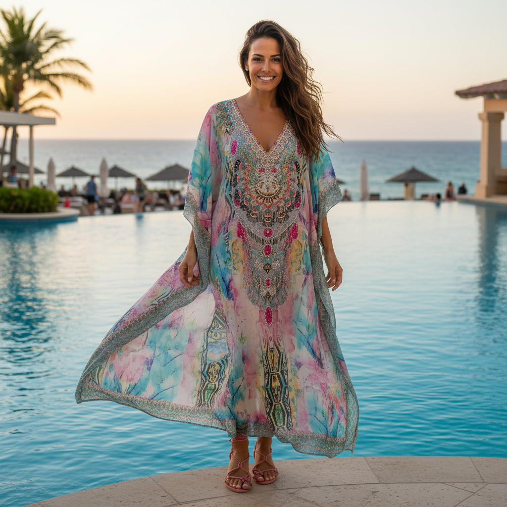 Long Embellished Silk Kaftan - Marrakesh