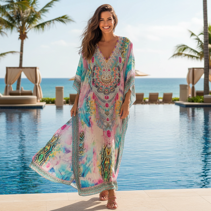 Long Embellished Silk Kaftan - Marrakesh