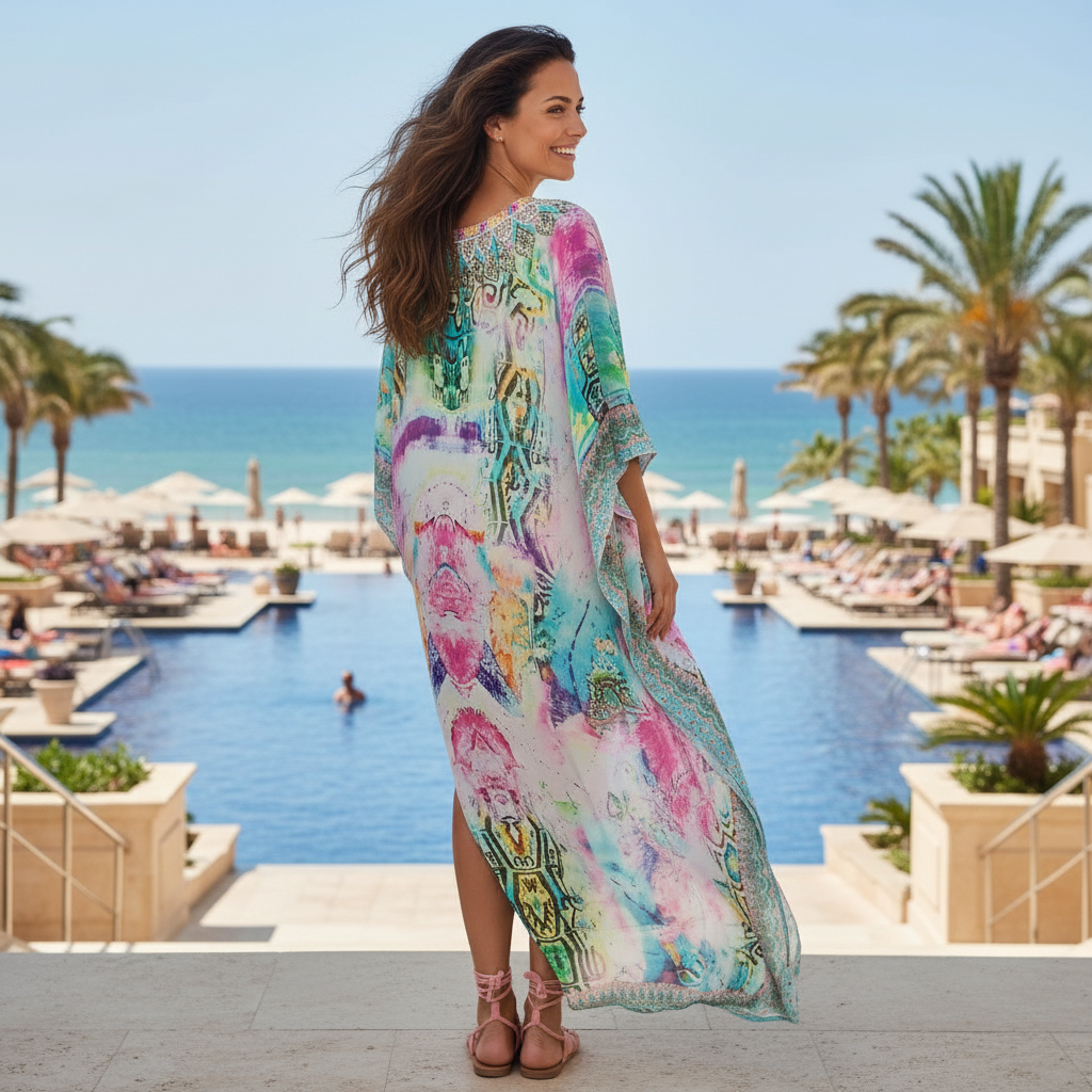 Long Embellished Silk Kaftan - Marrakesh