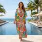 Long Silk Embellished Box Kaftan Tropics