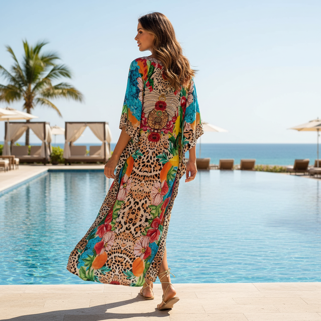 Long Silk Embellished Box Kaftan Tropics