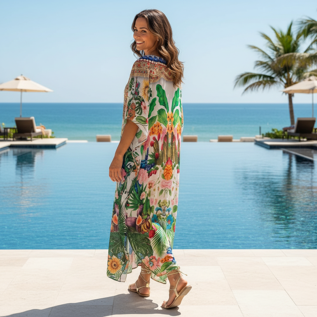 Long Silk Embellished Box Kaftan Forest Fruits