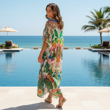 Long Silk Embellished Box Kaftan Forest Fruits