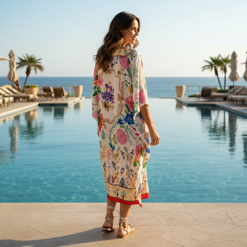 Long Silk Embellished Kaftan Bluebird