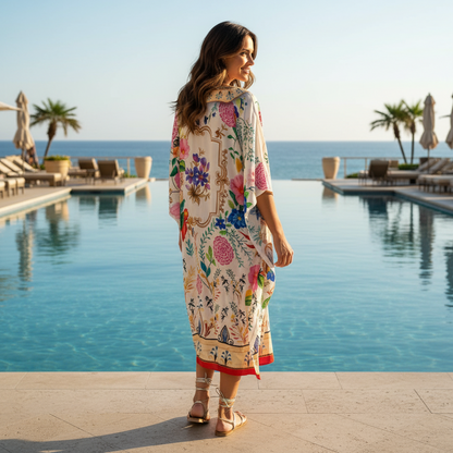 Long Silk Embellished Kaftan Bluebird