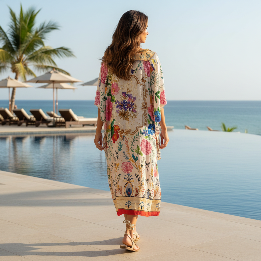 Long Silk Embellished Kaftan Bluebird