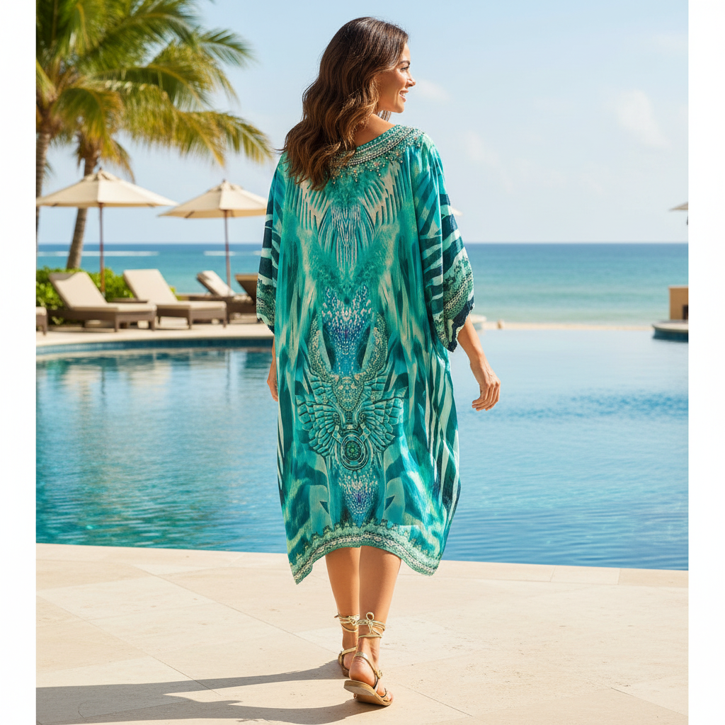 Zulu sleeve Silk Embellished Dress Aqua at Kaftans that Bling 