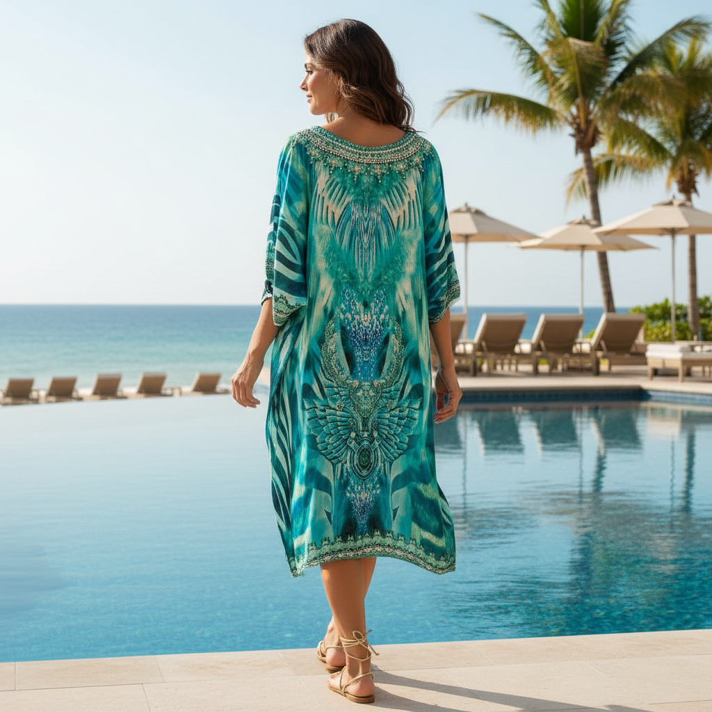 Zulu sleeve Silk Embellished Dress Aqua at Kaftans that Bling 
