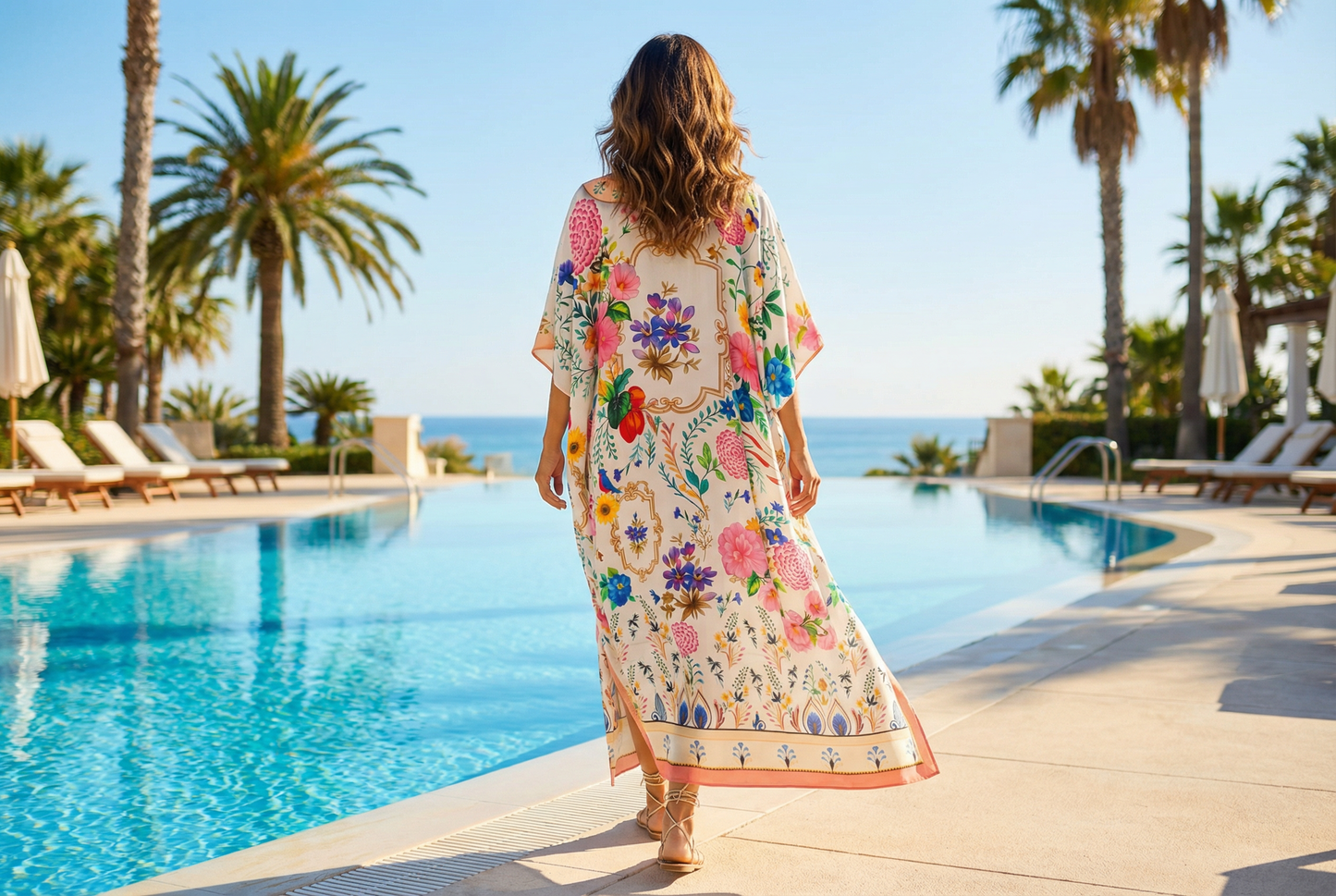 Long Silk Embellished Kaftan Bluebird