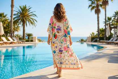 Long Silk Embellished Kaftan Bluebird