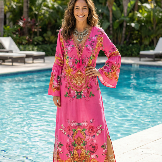 Maxi dress with flared sleeve Fantasy Leopard Pink by KTB