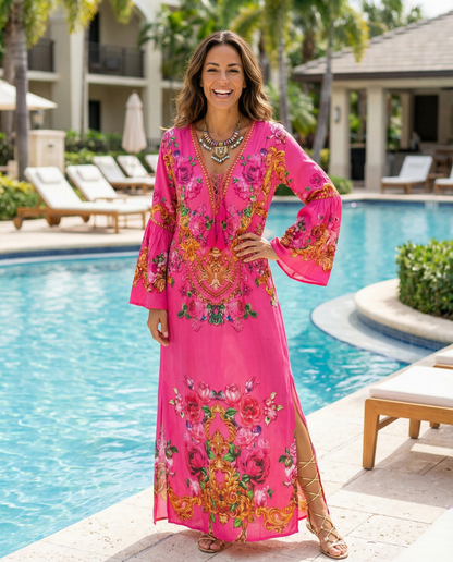 Maxi dress with flared sleeve Fantasy Leopard Pink by KTB