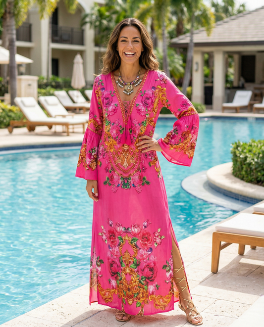 Maxi dress with flared sleeve Fantasy Leopard Pink by KTB
