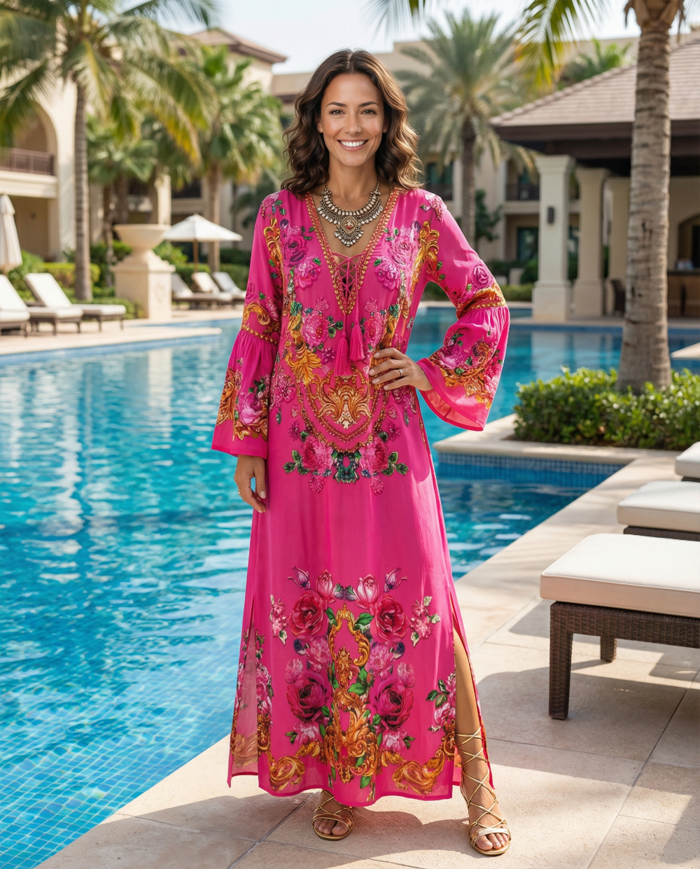 Maxi dress with flared sleeve Fantasy Leopard Pink by KTB