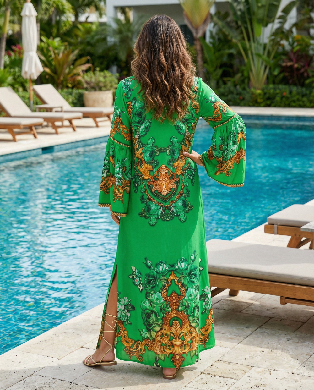 Maxi dress with flared sleeve Fantasy Emerald Pink by KTB