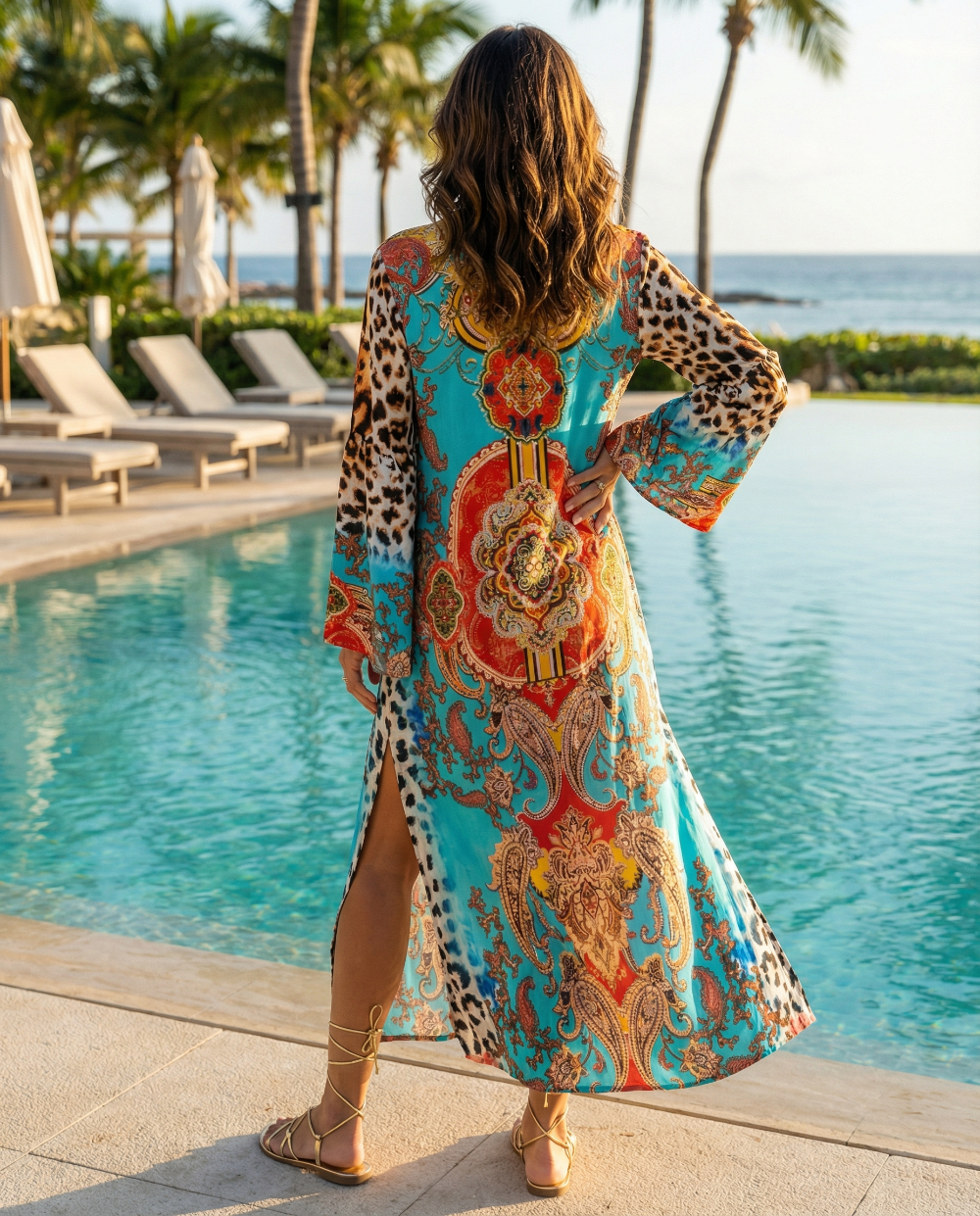 Maxi dress with flared sleeve Leopard Blue by KTB