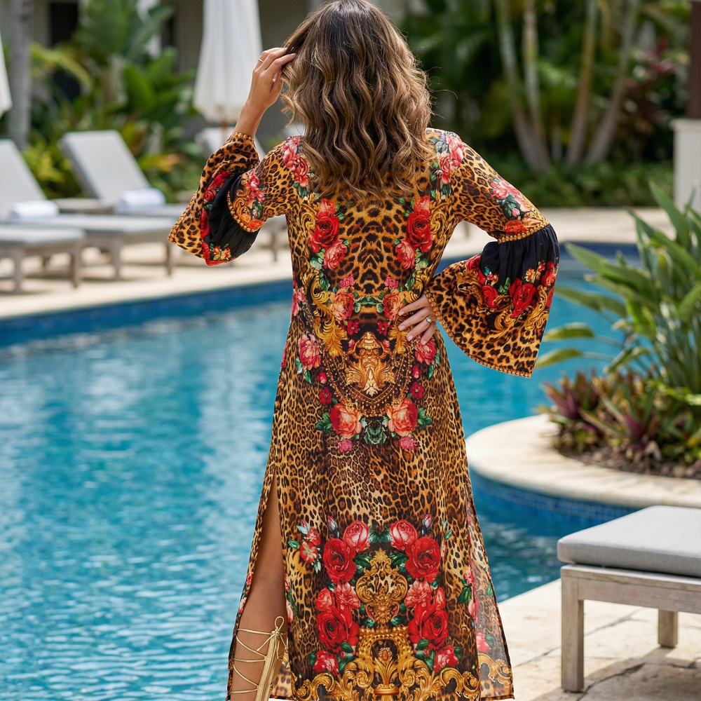 Maxi dress with flared sleeve Fantasy Leopard by KTB