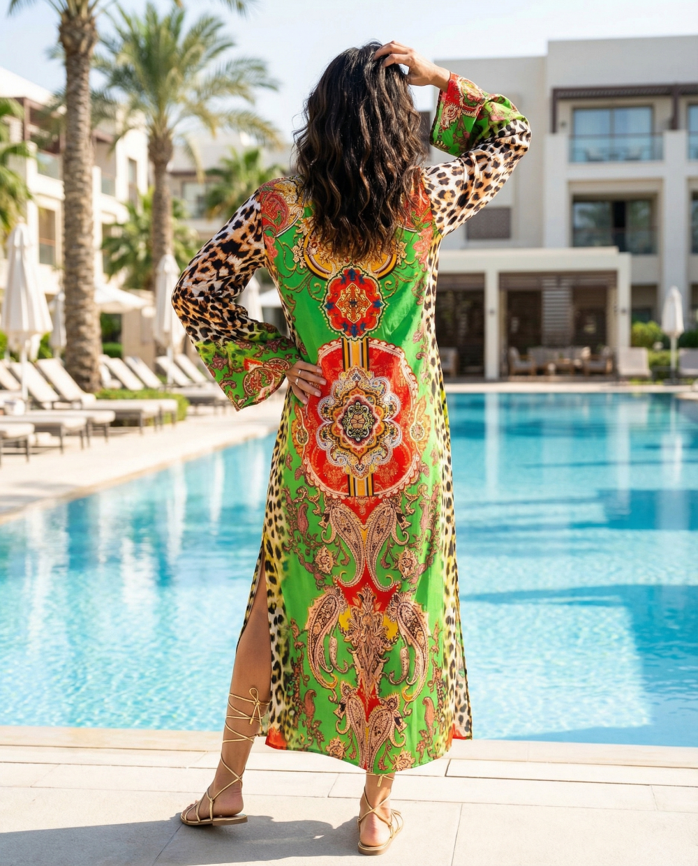 Maxi dress with flared sleeve Leopard Green by KTB