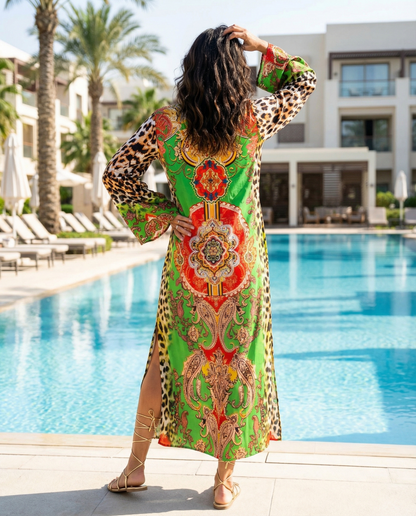 Maxi dress with flared sleeve Leopard Green by KTB