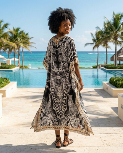 Long Silk Embellished Kaftan Cheetah - Fits Sizes 10-20