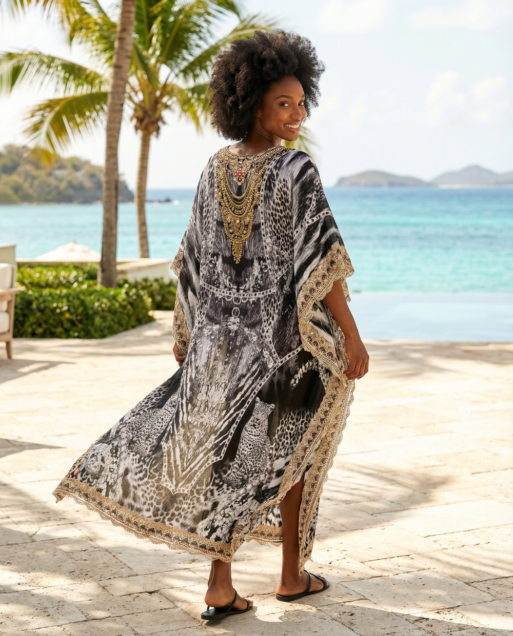 Long Silk Embellished Kaftan Cheetah - Fits Sizes 10-20