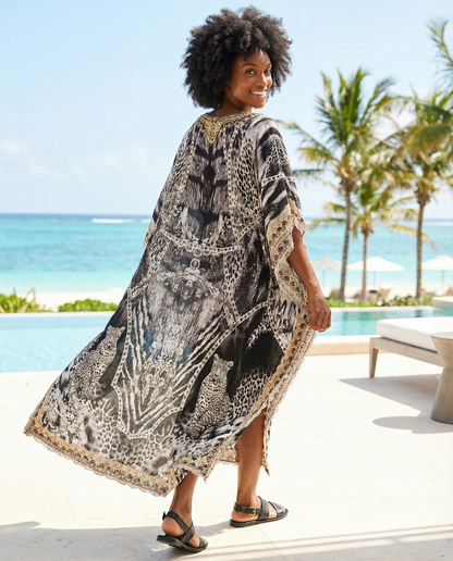 Long Silk Embellished Kaftan Cheetah - Fits Sizes 10-20