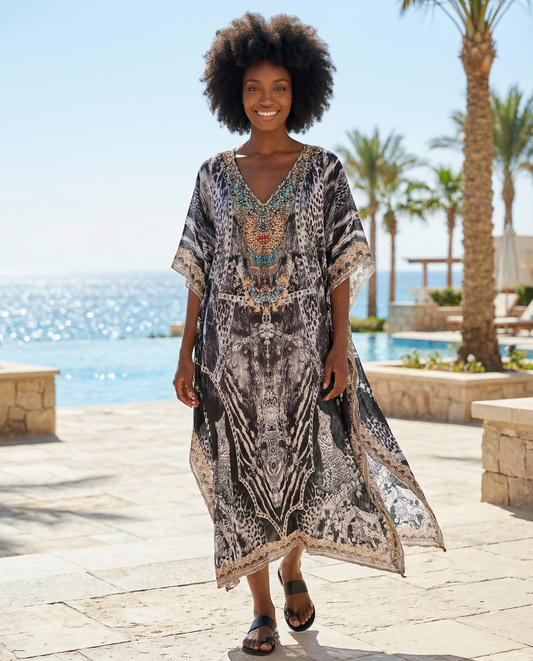 Long Silk Embellished Kaftan Cheetah - Fits Sizes 10-20