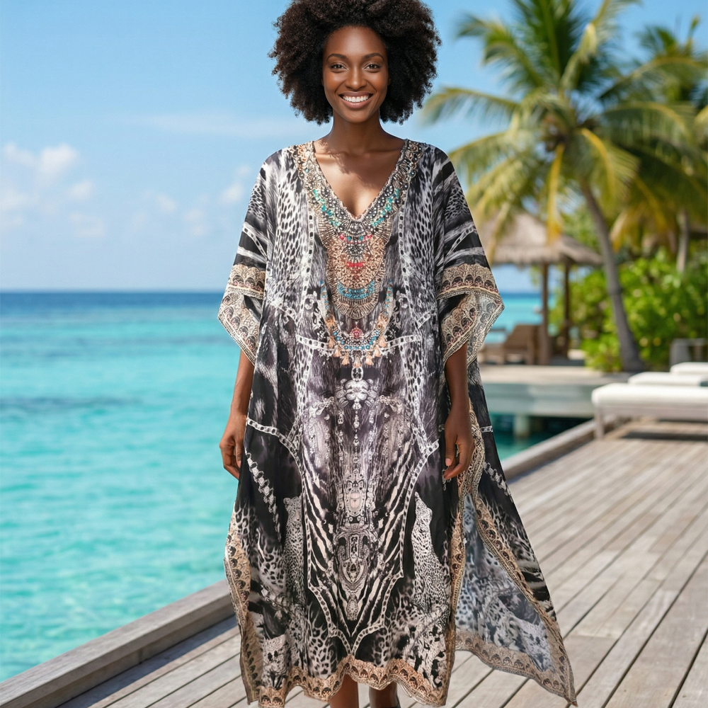 Long Silk Embellished Kaftan Cheetah - Fits Sizes 10-20