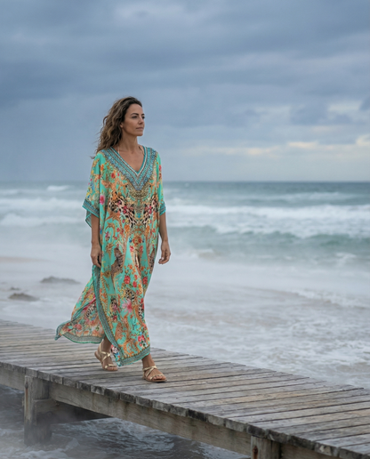 Long Embellished Box Kaftan - Bardini (green)