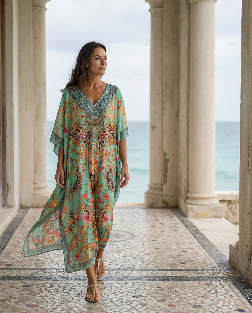 Long Embellished Box Kaftan - Bardini (green)