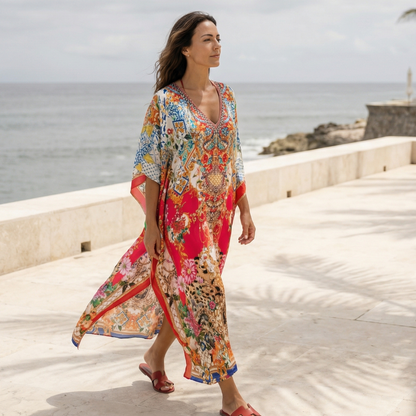 Long Silk Embellished Kaftan Venus (red)